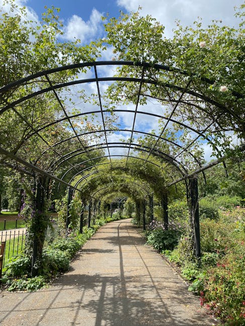 A garden pathway in Raphael Park, Gidea Park, lined with vibrant flowering plants and lush green foliage on either side. Overhead, a black metal arbor arch is covered with climbing plants, creating a 